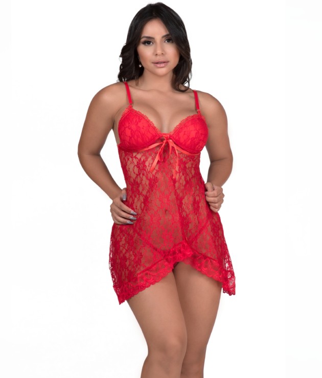 Camisola em renda transparente com calcinha – Delia