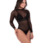 Body manga longa em tulle transparente - Bruna