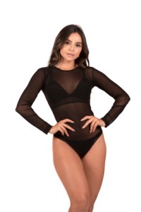 Body manga longa em tulle transparente - Bruna