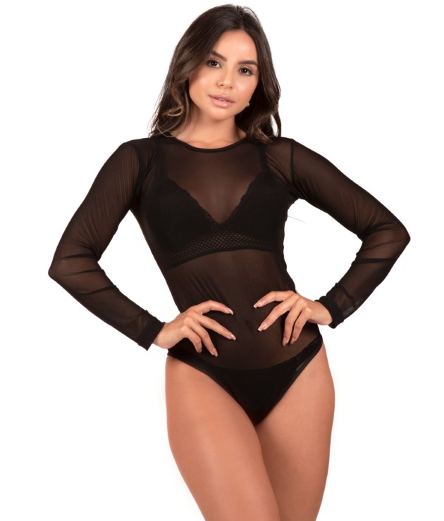 Body manga longa em tulle transparente - Bruna