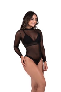 Body manga longa em tulle transparente - Bruna