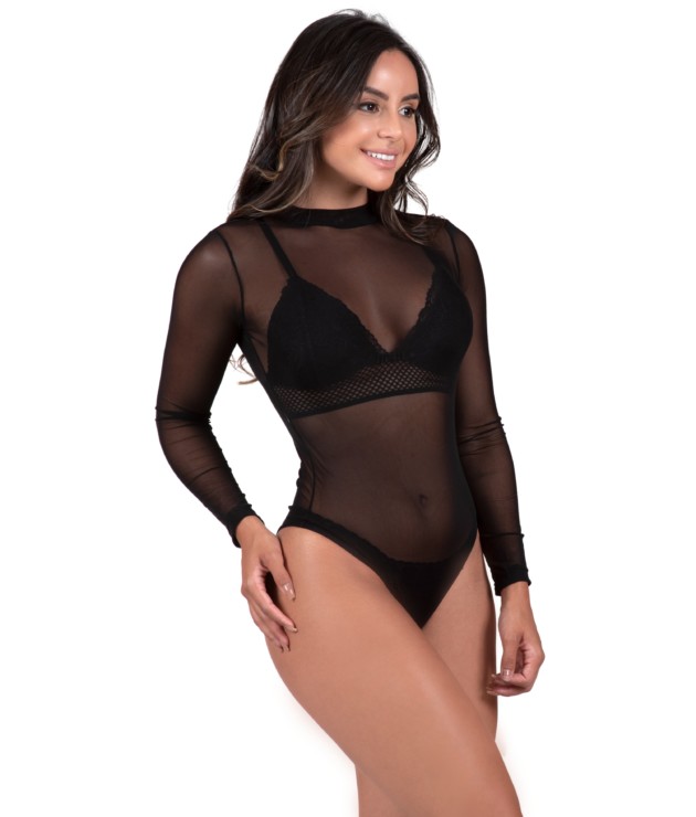 Body manga longa em tulle transparente - Bruna