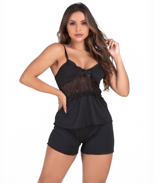 Short doll em microfibra e renda - Telma