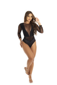 Body manga longa em renda e tule