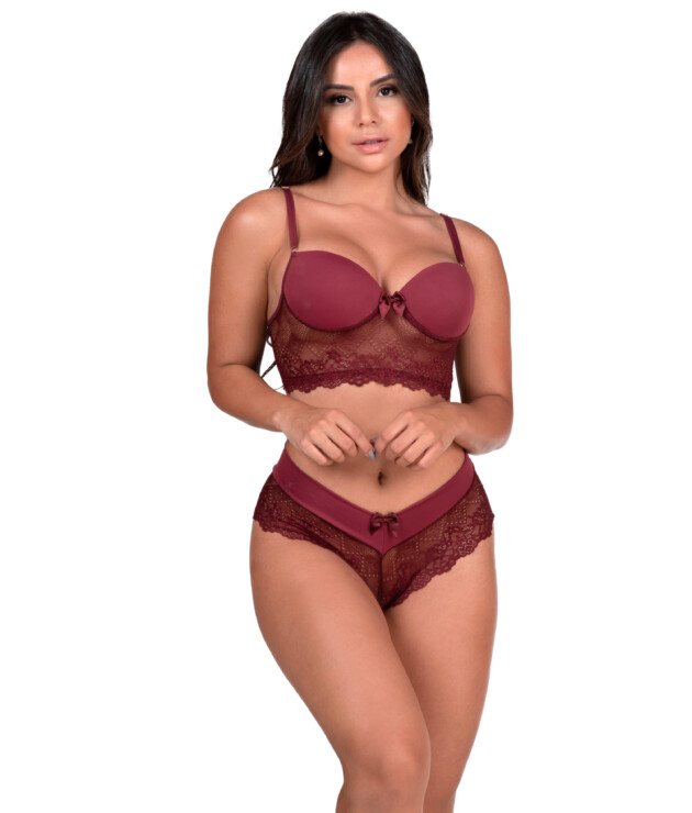 Conjunto de bojo em renda e microfibra