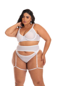 Conjunto Plus Size Sexy em Tule Dot com Cinta Liga