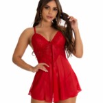 Camisola sexy em Tule e renda com calcinha rubi