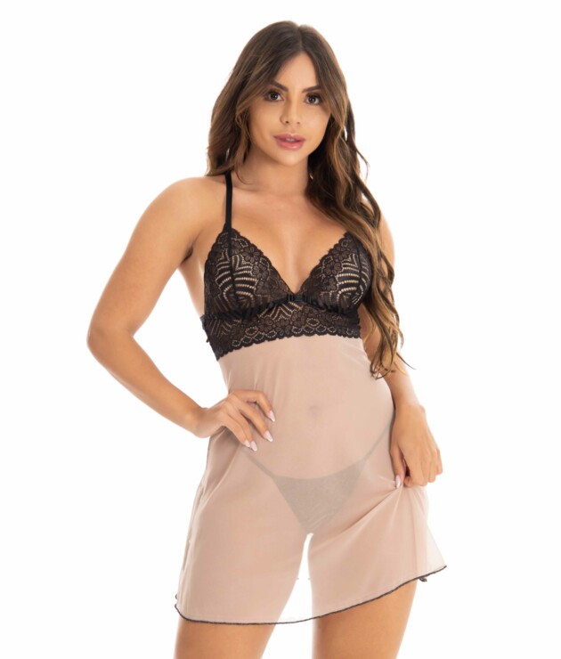 Camisola em Renda com Transparência e Calcinha