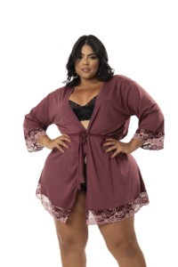 Robe Plus Size de Microfibra com Renda Bicolor