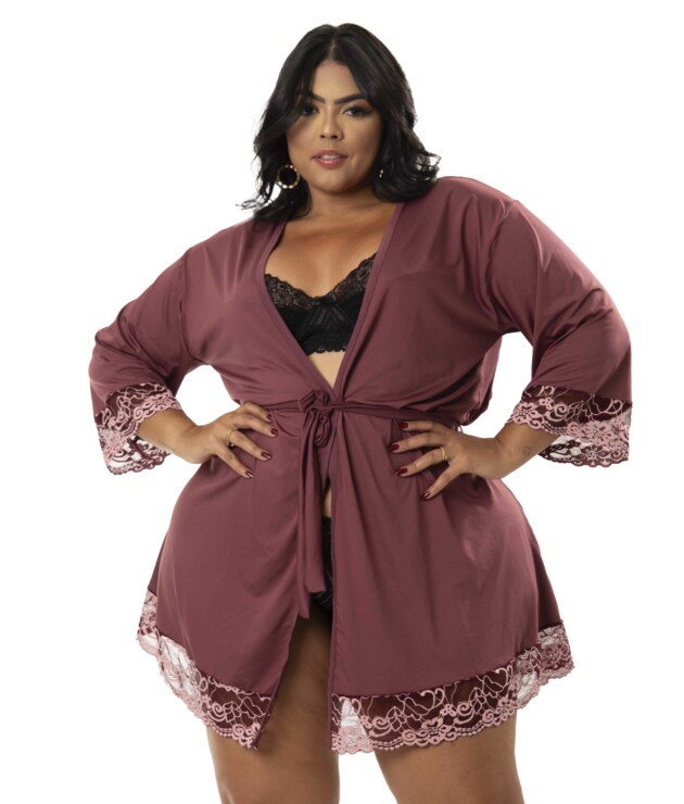 Robe Plus Size de Microfibra com Renda Bicolor