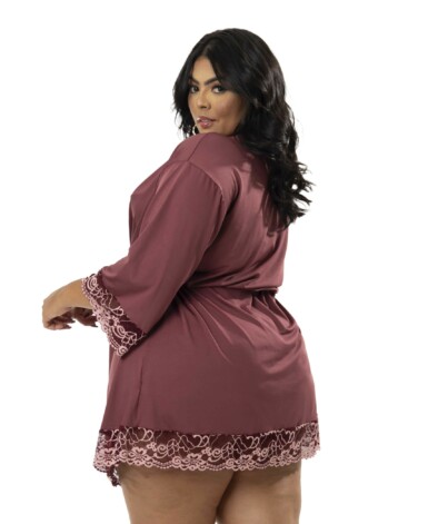 Robe Plus Size de Microfibra com Renda Bicolor